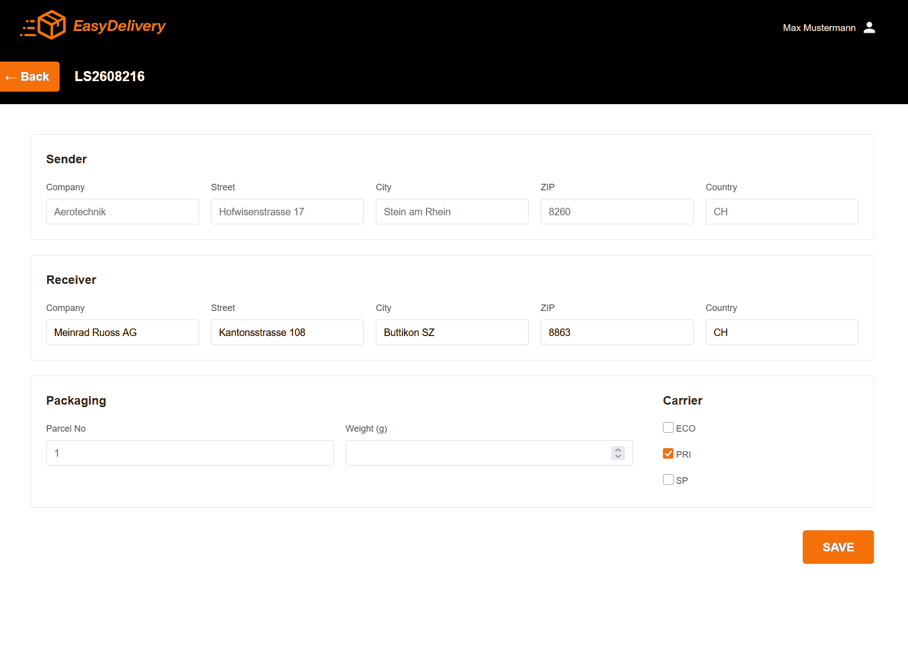 EasyDelivery Detailansicht für Versandetiketten, Carrier und Trackingdaten